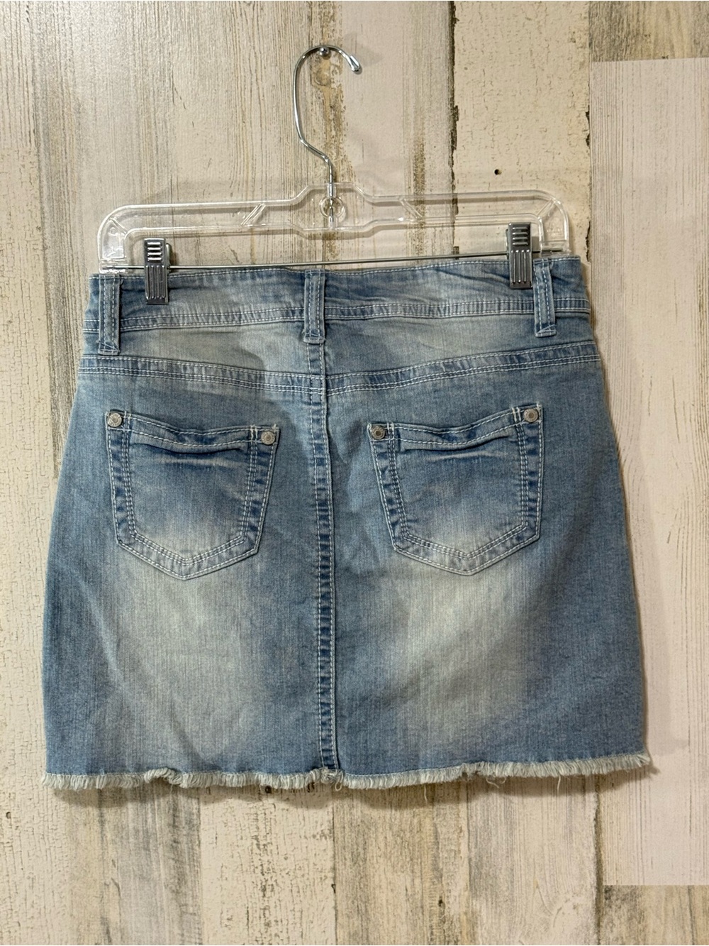 Wallflower Light Blue Washed Denim Mini Skirt with Frayed Hem - Picture 5 of 9